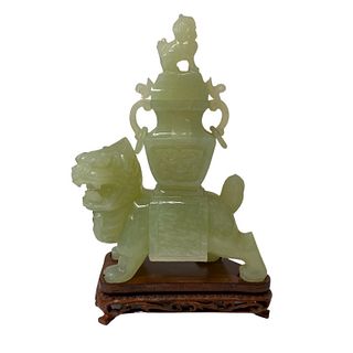 Chinese Jade Lion Statue on Wooden Stand