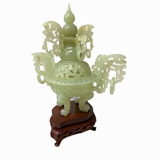 Chinese Jade Statue on Wooden Stand
