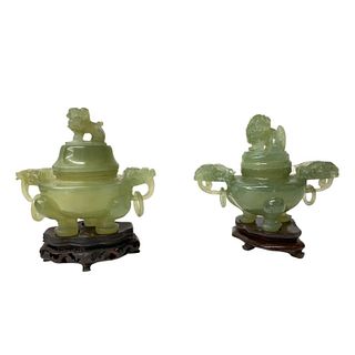 Pair of Chinese Jade Sculptures on Wooden Stand