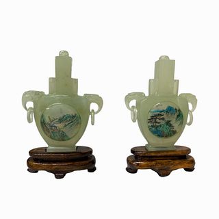 Pair of Chinese Jade Statues on Wooden Stands