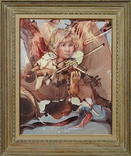 Rena, "The Young Violinist," 20th c., watercolor, signed indistinctly lower left, presented in a carved polychromed frame with a lin...