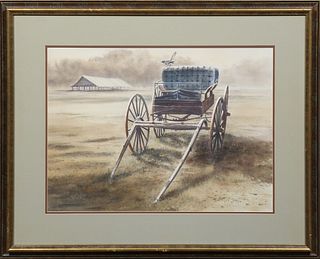 William Stracener (Louisiana), "Buckboard in a Field," 20th c., watercolor, signed lower left, presented in a gilt and walnut frame,...