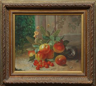After Van Morrison, "Still Life of Flowers and Fruit,, 20th c., oil on canvas, signed lower right, presented in an ornate giltwood a...