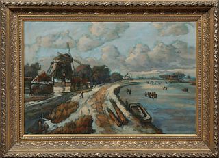 Dutch School, "Skaters on the Ice Near a Windmill," early 20th c., oil on canvas, signed indistinctly lower left, presented in a wid...