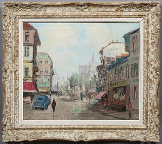 Th. V. Dorshot (Dutch), "French Street Scene," 20th c., signed lower right, presented in a whitewashed gilt and gesso frame, H.- 19...