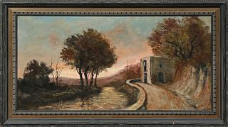 Scarpellio, "Landway," 20th c., oil on canvas, signed lower right, titled verso on a label for "Visual Arts, Dallas, Texas,