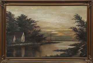 American School, "Sailboats on the Lake at Dusk," 19th c., oil on canvas, presented in a period gilt and gesso frame, H.- 23 1/2 in....
