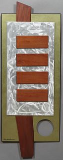 Marshall Burns (New Jersey), "Untitled," 20th c., mixed media wall sculpture with brushed steel, unframed, signed lower left, H.- 56...
