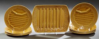 Ten Piece French Ceramic Asparagus Set, 20th c., by Sarraguemines, consisting of a serving platter and nine circular plates, Platter...