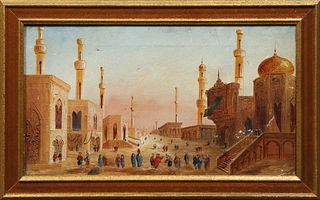 Arabic School, "Middle Eastern City Scene," 19th c., oil on canvas, verso signed "Claude," with a canvas stamp from A. Rayner, Londo...