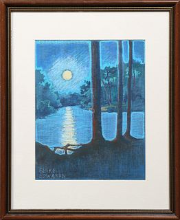 Terry Blake Edwards (Mississippi), "Moonlight Swamp Scene," 20th c., pastel on canvas, signed lower left, presented in a gilt and ma...