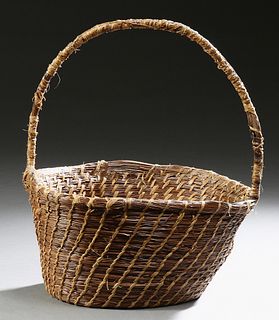 Large Coushatta Indian Woven Pine Straw Handled Market Basket, 20th c., H.- 16 in., Dia.- 13 1/4 in.