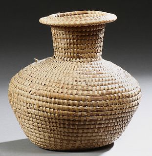 Coushatta Indian Coiled Pine Straw and Reed Baluster Vase, 20th c., H.- 10 1/2 in., Dia.- 10 in.