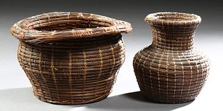 Two Coushatta Indian Woven Pine Straw Coiled Items, 20th c., consisting of a baluster vase and a