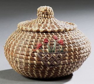 Coushatta Indian Covered Pine Straw Basket with applied flower decoration, 20th c., by Sylvestine, H.- 6 in., Dia.- 7 in.