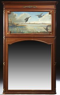 French Louis Philippe Carved Walnut Ormolu Mounted Trumeau Mirror, c. 1900, the stepped ogee crown over an oil on canvas of ducks co...