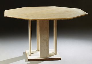 French Art Deco Style Marble Top Dining Table, 20th c., the rounded edge octagonal creme marble top on four rectangular wood support...