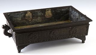 Japanese Bronze Bonsai Table Top Planter, 19th c., the sides with relief cloud and dragon decoration, the two short sides with Foo d...