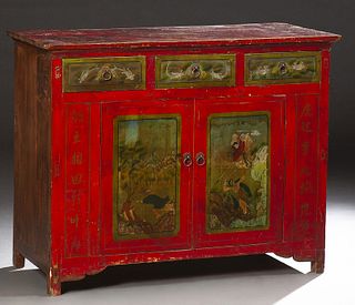 Chinese Red Lacquered Elm Sideboard, early 20th c., the rectangular top over three green hand painted frieze drawers, with lizard, c...