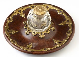 English Victorian Brass Mounted Burled Walnut Inkwell, late 19th c., the cut glass inkpot with an ink insert and a brass cork stoppe...
