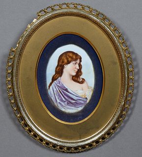 Sevres Style Convex Porcelain Portrait Plaque, late 19th c., probably German or Austrian, of an auburn haired deshabille beauty, ver...