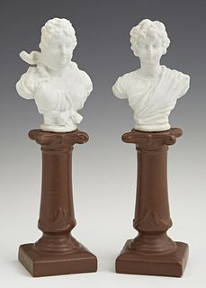 Pair of Continental Bisque Busts, early 20th c., on integral polychromed bisque pedestals, H.- 9 in., W.- 3 in., D.- 2 5/16 in. Prov...