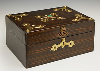English Coromandel Humidor, c. 1905, with applied brass mounts, the central with a cabochon malachite, the front with an applied "AR...
