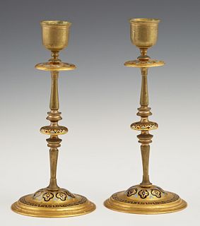 Pair of French Gilt Bronze and Champleve Candlesticks, 19th c., H.- 7 1/2 in., Dia.- 3 3/8 in.
