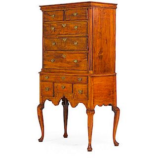 QUEEN ANNE STYLE TIGER MAPLE CHEST ON STAND