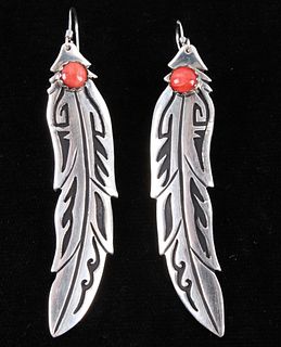 Navajo T&R Singer Sterling & Coral Feather Earring