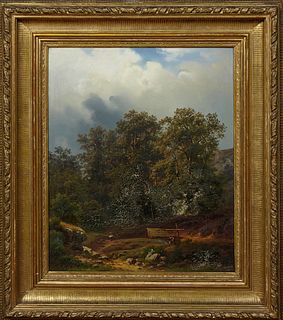 Joseph Bernardi (1826-1907, German), "Forest Landscape," 19th c., oil on canvas, signed lower right, signed and titled in German on...