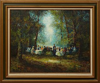 C. Gilbert, "Lunch in the Woods," 20th c., oil on canvas, signed lower right, presented in a gilt and polychromed frame with a linen...