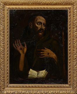 Continental School, "Portrait of St. Francis with Stigmata," early 19th c., oil on canvas, holding a book titled "Ego enim stigmata...