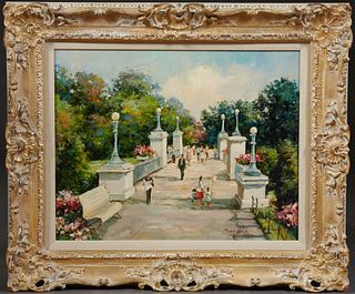 Chinese School, "Continental Park Scene," 20th c., oil on canvas, signed "Bergen" lower right, presented in an ornate gilt compositi...