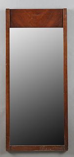 American Contemporary Carved Walnut Mirror, 20th c., the top with a wide crotched panel, H.- 45 3/8 in., W.- 19 7/8 in.