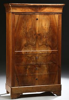 French Provincial Louis Philippe Carved Walnut Secretary Abattant, 19th c., the rounded corner and edge top over a cavetto frieze dr...