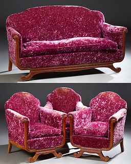 French Four Piece Art Deco Parlor Suite, c. 1940, consisting of three arched back bergeres with removable seat cushions, and scrolle...