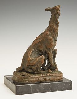 After Emanuelle Fremiet (1824-1910), "Seated Greyhound Tethered to a Tree Stump," 19th c., patinated bronze, signed on the front of...