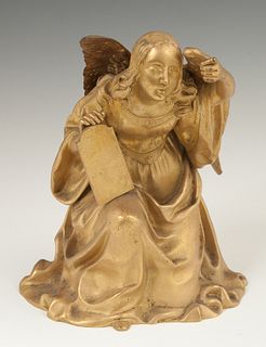 French Gilt Bronze Figure, 19th c., of a kneeling female angel with a tablet, probably a clock surmount, H.- 6 1/2 in., W.- 5 1/2 in...