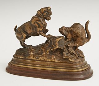 After Jules Moigniez (1835-1894, French), "Terrier and a Cat," 19th c., patinated bronze, on a integral stepped base, now mounted on...