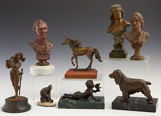 Group of Eight Cabinet Figures, early 20th c., consisting of a patinated bronze cavalier flautist, on a marble base; a bronze bust o...