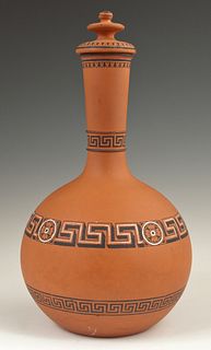 English Encaustic Terracotta Covered Carafe, late 19th c., with enameled Greek key decoration, H.- 11 1/4 in., Dia.- 6 in.