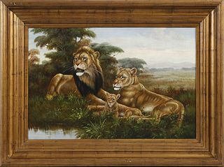 Chinese School, "Family of Lions," 20th c., oil on canvas, signed lower right "A. G. Robinson," framed, H.- 24 in., W.- 36 in.