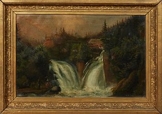 American School, "Twin Waterfalls," 19th c., oil on canvas, presented in a period gilt and gesso frame, H.- 12 1/4 in., W.- 19 1/2 i...