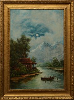 American School, "Fishermen on the Lake," 19th c., oil on canvas, presented in a carved giltwood frame, H.- 23 3/4 in., W.- 15 3/4 i...