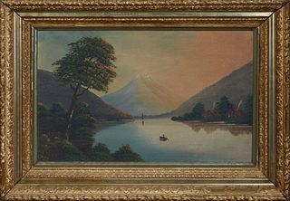 Continental School, "Boater on a Mountain Lake," 1892, oil on canvas, signed in monogram "GHH," and dated lower right, presented in...