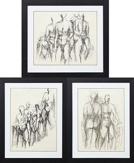 Group of Three Pen and Ink Sketches, 20th c., of figural groups, unsigned, presented in ebonized frames, H.- 14 1/4 in., W.- 10 1/4...