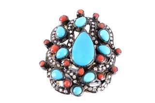 Art Nouveau Turquoise Coral & Diamond Ring