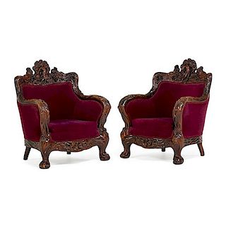 PAIR OF ART NOUVEAU CARVED MAHOGANY ARMCHAIRS
