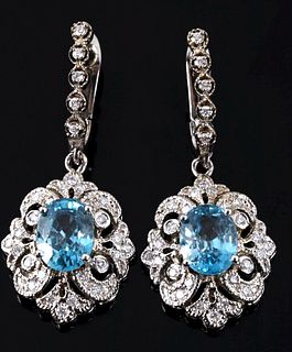 RARE Blue Zircon & Diamond 14K Dangle Earrings
